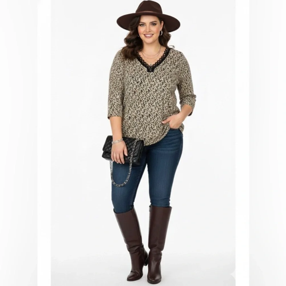 Rafaella | Black & Neutral Colours V-Neck Long Sleeve Top Size 2X Cotton - Picture 10 of 10